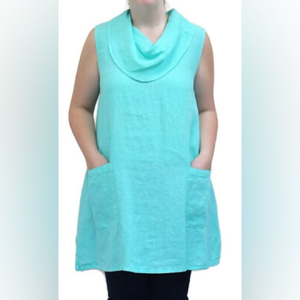 Match Point Cowl Neck Sleeveless Linen Tunic Florida Keys Aqua Top Pockets